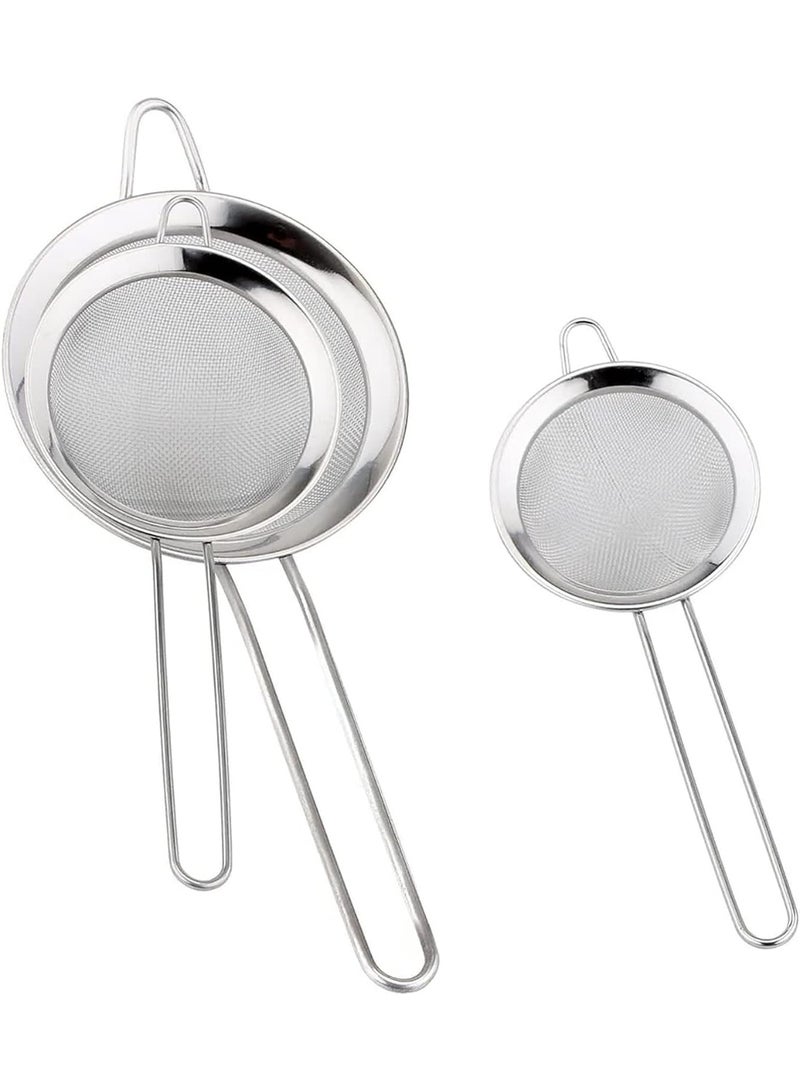 مجموعة مصافي شبكية دقيقة من الفولاذ المقاوم للصدأ، مناخل صغيرة متوسطة كبيرة الحجم بمقبض معزول، مناخل مطبخ متينة مكونة من 3 قطع للدقيق والشاي والعصير والمزيد (3 قطع 3 مقاسات مع غطاء بلاستيكي) - Image 1